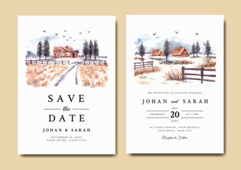 Wedding invitation set of winter landscape with house and pine trees watercolor