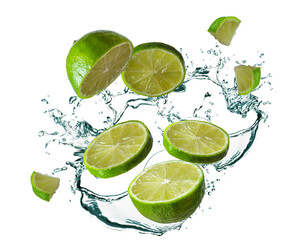 frozen movement. Fresh lime slices with lime juice splash isolated on white background. burst of freshness.