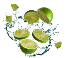 Obraz na płótnie Canvas frozen movement. Fresh lime slices with lime juice splash isolated on white background. burst of freshness.