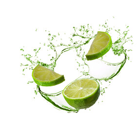 stopped movement. Half fresh lime and two slices with lime juice splash isolated on white background. burst of freshness.