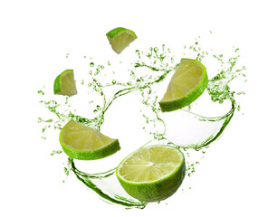 stopped movement. Half fresh lime and two slices with lime juice splash isolated on white background. burst of freshness.