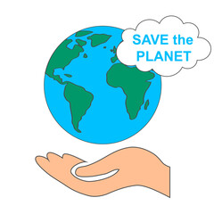 Smiley in the form of the Earth. Earth icon with eyes and hugging hands. Vector, cartoon illustration.