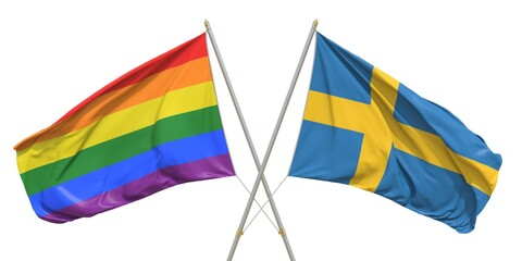 Flags of Sweden and LGBTQ on white background. 3D rendering