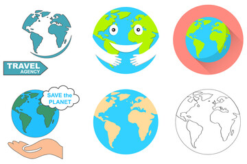 Smiley in the form of the Earth. Earth icon with eyes and hugging hands. Vector, cartoon illustration.