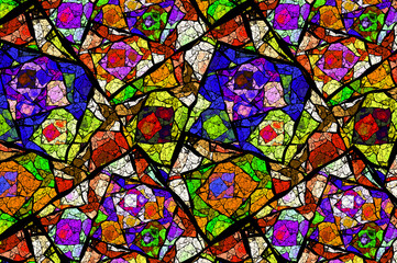 Multi color and Colorful glowing stained glass, Abstract stained glass background , the colored elements arranged in rainbow spectrum, Computer generated graphics