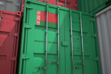 Cargo container with products of Belarus and printed national flag. Logistics related 3D rendering