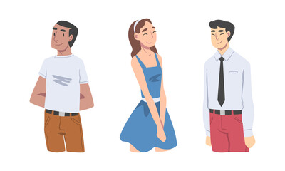 Fototapeta premium Young men and woman in casual clothes. Set of cheerful multicultural students cartoon vector illustration