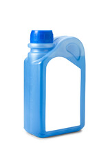 Blue antifreeze or coolant water in one liter plastic bottle with white blank label isolated on white background. Canister of non-freezing liquid, mock up, copy space.