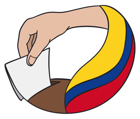 Hand depositing a vote in a urn with Colombia's flag, Vector illustration