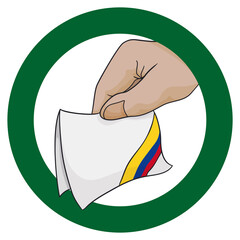 Green round button with hand holding vote and Colombian flag, Vector illustration