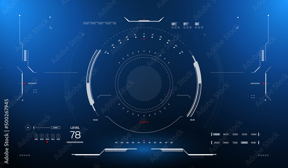 Poster HUD Futuristic Drone, Space ship, Radar Interface Screen Design Element. UI Technology Monitoring Virtual Reality View Display Object Vector.