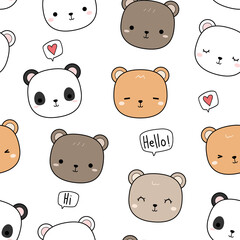Seamless pattern with cute hand drawn bear cartoon doodle background, cute bear pattern, nursery childish background vector illustration