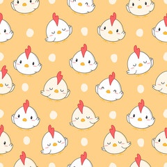 Seamless pattern with hand drawn rooster cartoon on yellow background vector illustration, chicken background