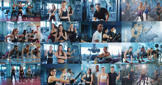Close up collage of beautiful slim sport woman doing gymnastics and exercises at the gym. Fitness multi screen camera