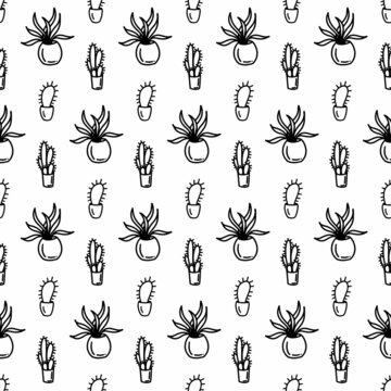 Abstract flower seamless pattern with leaves and dots. Doodle cute black and white background. Summer monochrome simple print. Hand drawn flowers in pots. Black and white wallpaper, cactus, tulpin