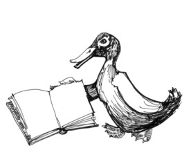 Duck is holding a book. Duck character cartoon style. Place for an inscription. Opened book.