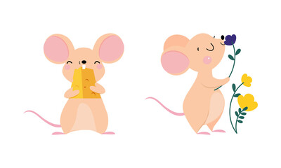 Cute adorable mice in different actions set. Funny mouse eating cheese and smelling flowers cartoon vector illustration