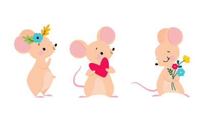 Cute adorable mice in different actions set. Lovely mouse with spring flowers and heart cartoon vector illustration