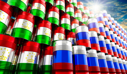 Oil barrels with flags of Russia and Tajikistan - 3D illustration