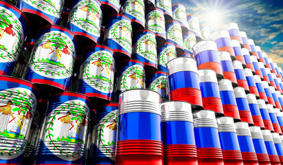 Obraz premium Oil barrels with flags of Russia and Belize - 3D illustration
