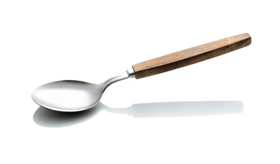 Stainless steel spoon with wooden handle vintage style side views isolated on white background,  clipping path non-shadow.