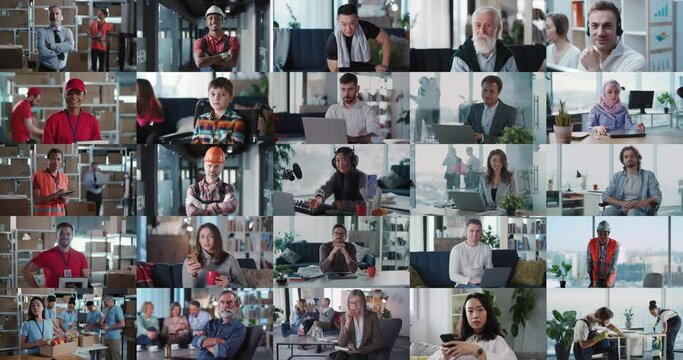 Multiscreen of different people children and adult working at the laptop remote work education online. Close up