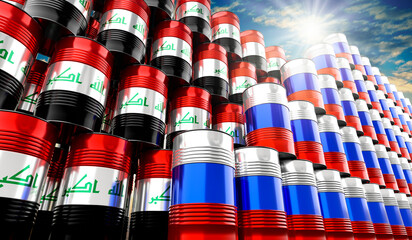 Oil barrels with flags of Russia and Iraq - 3D illustration