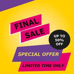 Final sale, special offer, 50% off discount, limited time only on yellow background, banner, business, promotion