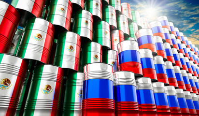 Oil barrels with flags of Russia and Mexico - 3D illustration