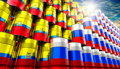 Oil barrels with flags of Russia and Ecuador - 3D illustration