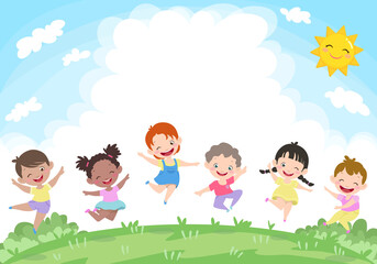 Happy kids  jumping  on the grass. Sunny day cute outside vector illustration.