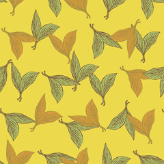 Seamless pattern engraved leaves. Vintage background of tea leaf in hand drawn style.