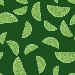 Seamless pattern engraved slice lemon. Vintage background piece lemon or lime in hand drawn style.