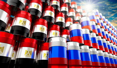 Oil barrels with flags of Russia and Egypt - 3D illustration