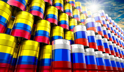 Oil barrels with flags of Russia and Colombia - 3D illustration