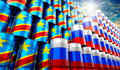 Oil barrels with flags of Russia and Congo - 3D illustration