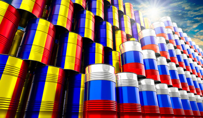 Oil barrels with flags of Russia and Chad - 3D illustration