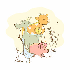 Set of cute farm animals. Hand drawn cartoon cow, goat, pig, goose and chick.