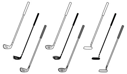 Golf Clubs Clipart Set - Driver, Iron and Putter - obrazy, fototapety, plakaty