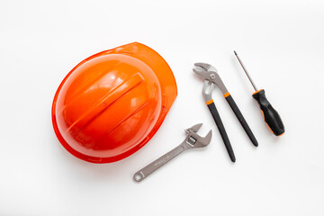Tools with engineer safety construction helmet top view