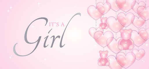 It's a Girl Baby Shower Illustration Design with Cute Pastel Pink Heart and Bear Ornaments