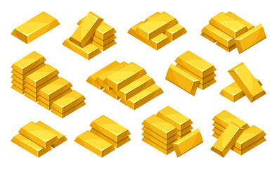 Collection isometric gold bars vector ingot pyramid yellow metallic block rich brick wealth