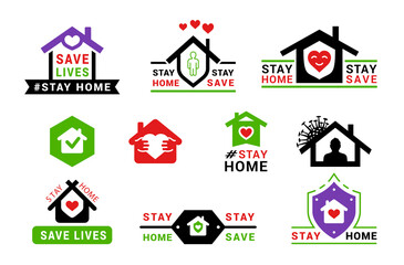 Collection stay home sign vector flat illustration pandemic prevention viral infection spreading