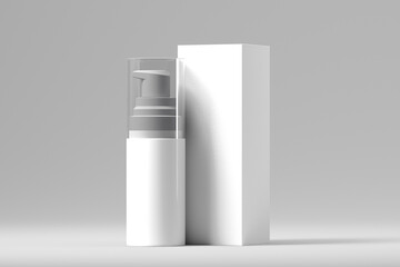 Empty blank White plastic sprey bottle with packaging box mockup isolated on background for cosmetics. 3D rendering.