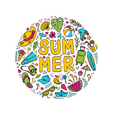 Summer symbols doodle clipart. Round composition on vacation theme with lettering