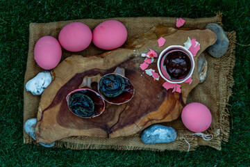 Asian Traditional Food, Pink Century eggs (Pidan Eggs) also known as preserved egg, hundred-year...