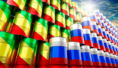 Oil barrels with flags of Russia and Congo - 3D illustration