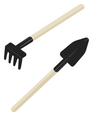 Shovel and rake tools isolated vector illustration for decor