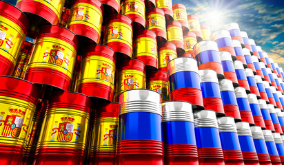 Oil barrels with flags of Russia and Spain - 3D illustration