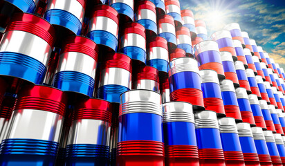 Oil barrels with flags of Russia and Netherlands - 3D illustration